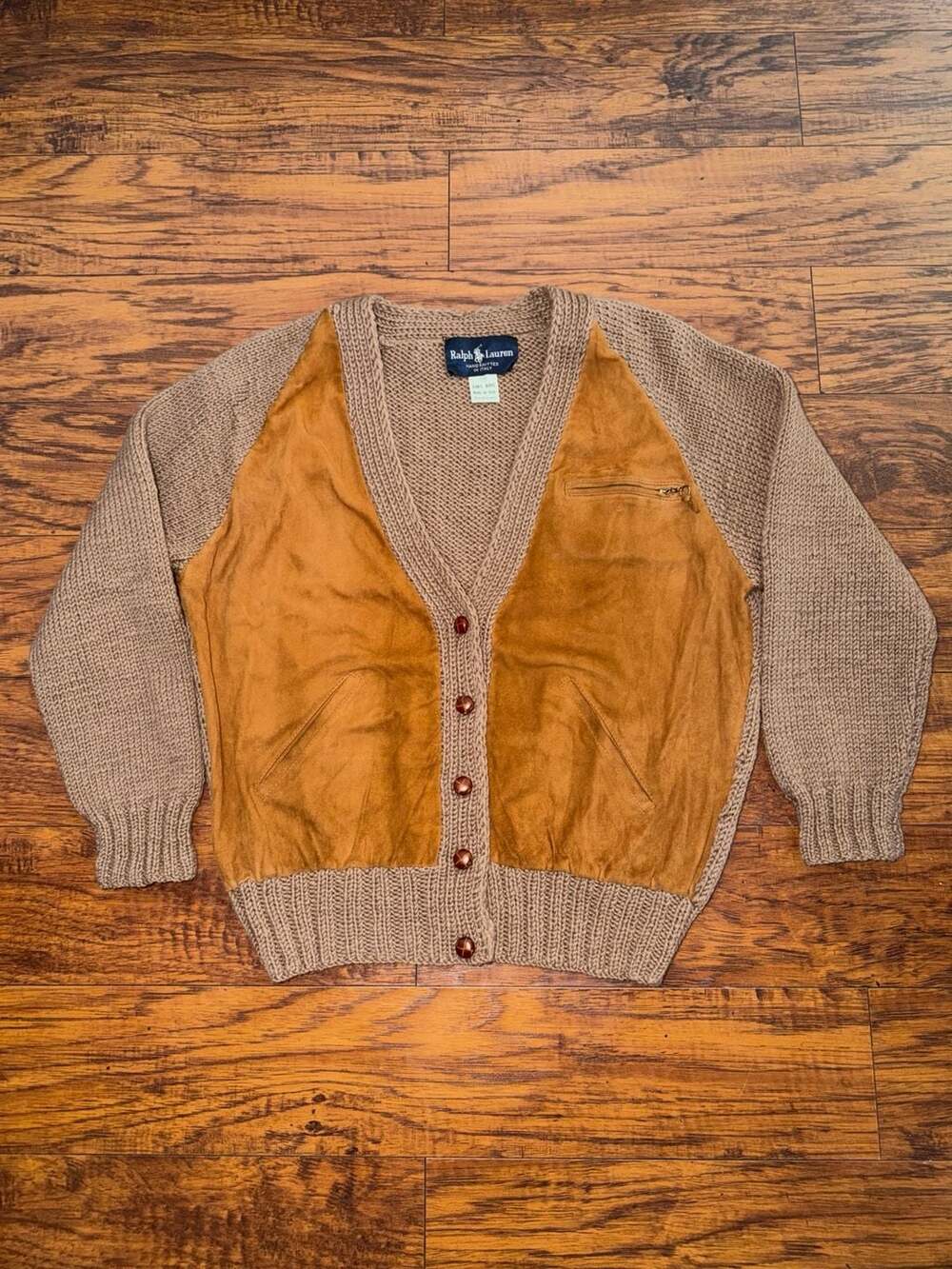 Vintage Ralph Lauren Hand Knitted in Italy Wool Suede Front Cardigan Size M